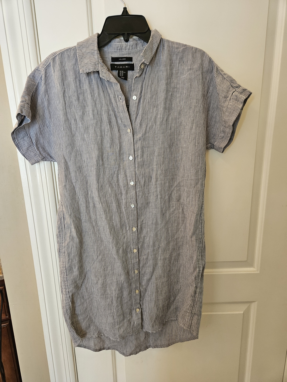 Tahari Navy and White Striped Midi Shirt Dress 100%linen